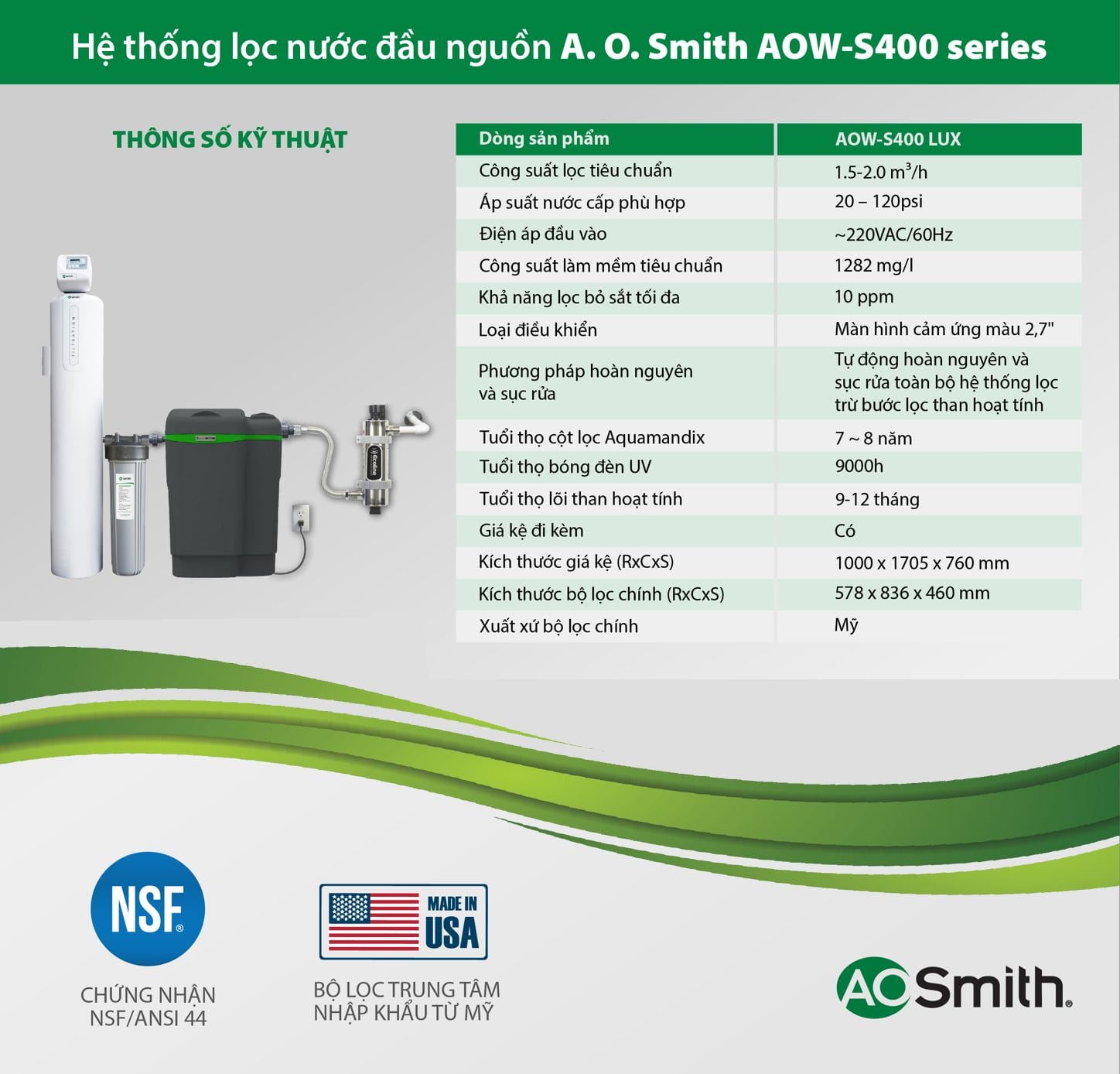 Thông số kỹ thuật hệ thống lọc nước đầu nguồn A.O Smith AOW-S400 PLUS